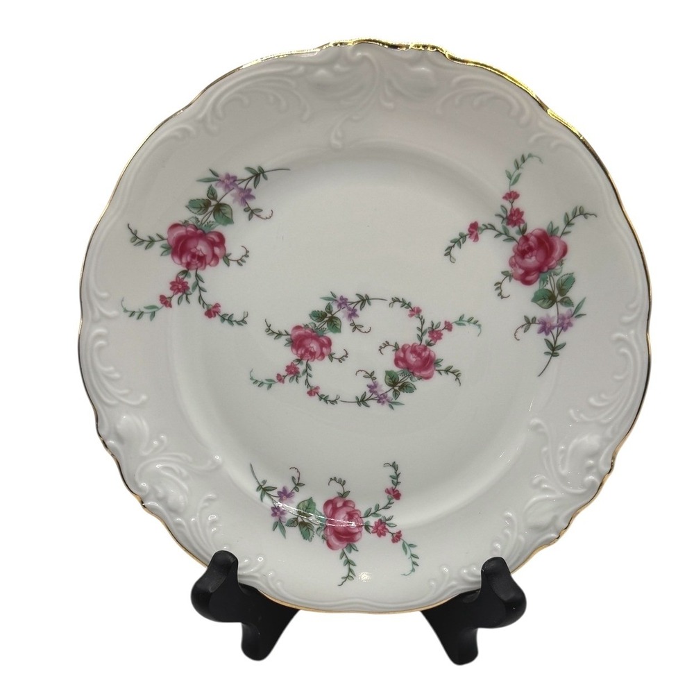 Wawel Poland China Salad Plate Pink Roses Gold Trim Scalloped Embossed 7.5 Inch